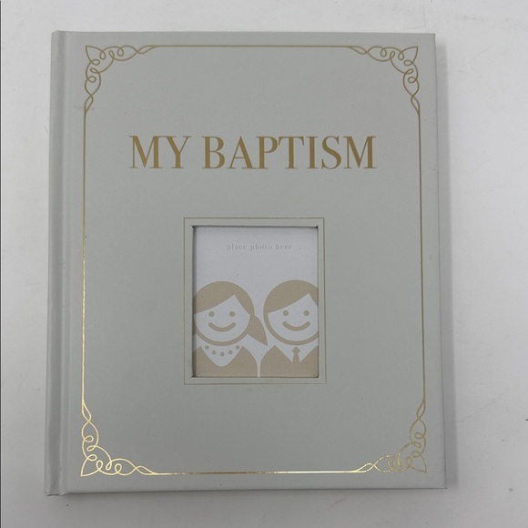Baptism Journal with Gold Accents, front Cover open for a photo display. Book - Picture 1 of 8